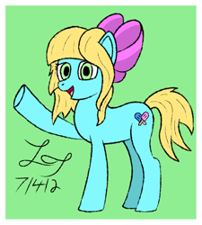 Size: 885x983 | Tagged: safe, artist:lucytwostickz, oc, oc only, oc:lucy twosticks, earth pony, pony, 2022, bow, earth pony oc, green background, hair bow, old art, simple background, solo