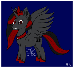 Size: 856x791 | Tagged: safe, artist:lucytwostickz, oc, oc only, oc:scarlet shadow, alicorn, pony, 2022, alicorn oc, art trade, blue background, horn, old art, red and black mane, red and black oc, red eyes, simple background, solo, wings