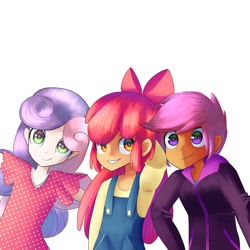 Size: 1200x1200 | Tagged: safe, artist:andromedasparkz, apple bloom, scootaloo, sweetie belle, human, g4, arm behind head, cutie mark crusaders, female, humanized, looking at you, simple background, smiling, white background