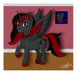 Size: 890x857 | Tagged: safe, artist:lucytwostickz, oc, oc:scarlet shadow, alicorn, pony, alicorn oc, female, horn, mare, red and black mane, red and black oc, red eyes, solo, wings