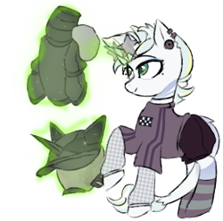 Size: 1092x1080 | Tagged: safe, artist:metaruscarlet, oc, oc only, oc:trinitty, pony, unicorn, 2023 community collab, derpibooru community collaboration, armor, choker, cleaning, cloth, clothes, ear piercing, earring, female, glowing, glowing horn, helmet, horn, jewelry, leonine tail, levitation, magic, mare, markings, piercing, raised hoof, shirt, shorts, simple background, socks, solo, striped socks, sunglasses, tail, telekinesis, transparent background, unicorn oc