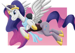 Size: 1063x752 | Tagged: safe, artist:demosense, rarity, alicorn, pony, g4, alicornified, anatomically incorrect, breasts, chestbreasts, clothes, crown, female, flying, jetpack, jewelry, leggings, leotard, misplaced boobs, princess rarity, race swap, raricorn, regalia, scarf, smiling, solo, spread wings, wings, wrong cutie mark