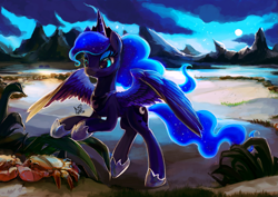 Size: 2283x1614 | Tagged: safe, artist:eiolf, princess luna, alicorn, crab, pony, beach, cloud, crown, ethereal mane, female, galaxy mane, hoof shoes, horn, jewelry, mare, moon, mountain, night, painting, princess shoes, regalia, smiling, solo, spread wings, starry mane, starry tail, tail, wings