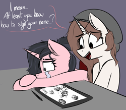 Size: 1320x1149 | Tagged: safe, artist:pinkberry, oc, oc only, oc:mae (pinkberry), oc:mocha bean macchiato, pony, unicorn, colored sketch, crying, doodle, drawing tablet, duo, female, horn, mare, older, sketch, talking, unicorn oc