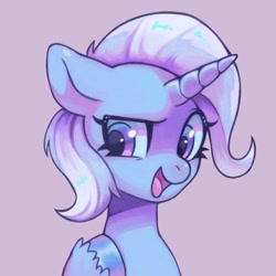 Size: 1600x1600 | Tagged: safe, artist:horseyuris, trixie, pony, unicorn, bust, commission, cute, diatrixes, dreamworks face, female, hoof on chest, looking at you, mare, open mouth, open smile, pink background, simple background, smiling, smiling at you, solo, unshorn fetlocks