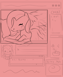 Size: 670x827 | Tagged: safe, artist:poxy_boxy, fluttershy, pegasus, pony, g4, blanket, blush sticker, blushing, cute, eyes closed, female, keyboard, mare, monochrome, red background, redscale, shyabetes, simple background, sketch, wip