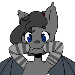 Size: 600x600 | Tagged: safe, artist:alyssa, oc, oc only, oc:sonia star song, bat pony, pony, bat pony oc, bat wings, blue eyes, clothes, cute, cute little fangs, ear fluff, fangs, female, forced smile, gray coat, happy, headband, mare, ponytail, simple background, smiling, socks, spread wings, striped socks, transparent background, wings