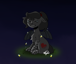 Size: 1558x1321 | Tagged: safe, artist:alyssa, oc, oc only, oc:sonia star song, bat pony, firefly (insect), insect, pony, bat pony oc, bat wings, chest fluff, clothes, crying, depressed, ear fluff, eyes closed, fangs, female, floppy ears, grass, mare, ponytail, sad, sitting, socks, solo, spread wings, striped socks, teary eyes, wings