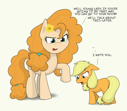 Size: 3145x2744 | Tagged: safe, artist:cyanrobo, applejack, pear butter, earth pony, pony, g4, angry, dialogue, duo, duo female, female, filly, filly applejack, flower, flower in hair, foal, high res, mare, mother and child, mother and daughter, sad, simple background, teary eyes, white background, younger