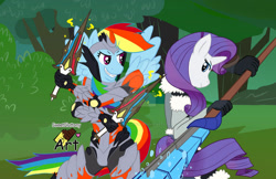 Size: 1110x720 | Tagged: safe, artist:sweetgluttonyart, rainbow dash, rarity, pegasus, unicorn, anthro, g4, armor, dual blades, duo, duo female, female, forest, grin, longsword, monster hunter, smiling, sword, weapon