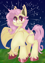 Size: 1000x1385 | Tagged: safe, artist:pagophasia, derpibooru exclusive, fluttershy, bat pony, pony, g4, bat ears, bat ponified, bat wings, blushing, colored hooves, cutie mark eyes, emanata, eye reflection, female, flutterbat, frown, full body, grass, impossibly long eyelashes, looking at you, mare, messy mane, messy tail, night, race swap, reflection, slit pupils, solo, stare, stars, tail, the stare, unshorn fetlocks, wingding eyes, wings