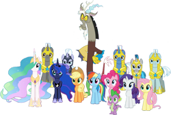 Size: 1087x735 | Tagged: safe, edit, edited screencap, editor:pascalmulokozi2, screencap, applejack, discord, fluttershy, jade barricade, pinkie pie, princess celestia, princess luna, rainbow dash, rarity, silver sable, spike, alicorn, draconequus, dragon, earth pony, pegasus, pony, unicorn, g4, the ending of the end, armor, background removed, female, guardsmare, male, mare, not a vector, remane five, royal guard, simple background, stallion, transparent background, unicorn royal guard, winged spike, wings