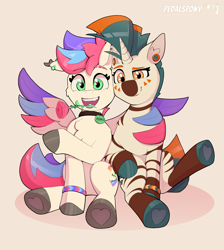 Size: 3400x3800 | Tagged: safe, artist:pedalspony, oc, oc:pedals, oc:psi, hybrid, pegasus, pony, unicorn, zebra, zony, bracelet, coat markings, collar, colored hooves, cute, duo, ear piercing, facial markings, feather, female, flower, gauges, happy, high res, hoof heart, hooves, hug, hybrid oc, jewelry, looking at you, male, mare, married, mouth hold, not zipp storm, open mouth, open smile, pegasus oc, piercing, rose, screentone, simple background, smiling, smug, socks (coat markings), stallion, stripes, tail, tongue out, tongue piercing, underhoof, white background, wing hold, winghug, wings