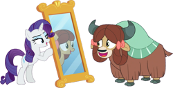 Size: 1251x639 | Tagged: safe, artist:pascalmulokozi2, edit, edited screencap, screencap, rarity, yona, earth pony, pony, unicorn, yak, g4, she's all yak, background removed, bipedal, bow, cloven hooves, duo, duo female, female, fit right in, mare, mirror, not a vector, ponified, pony yona, reflection, simple background, species swap, transparent background