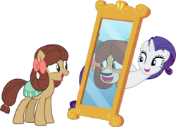 Size: 1053x759 | Tagged: safe, edit, edited screencap, editor:pascalmulokozi2, screencap, rarity, yona, earth pony, pony, unicorn, yak, g4, she's all yak, background removed, bow, duo, female, fit right in, mare, mirror, not a vector, ponified, pony yona, reflection, simple background, species swap, transparent background