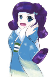 Size: 752x1063 | Tagged: safe, artist:tealhikari, rarity, human, equestria girls, g4, blue eyes, blushing, clothes, female, happy, kimono (clothing), open mouth, simple background, solo, traditional art, white background