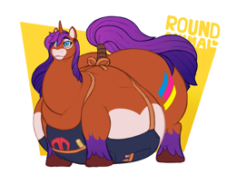 Size: 1398x1134 | Tagged: safe, artist:roundanimal, oc, oc only, oc:toner press, pony, unicorn, abstract background, apron, belly, big belly, clothes, coat markings, fat, flabby chest, horn, huge belly, huge butt, large butt, male, smiling, socks (coat markings), solo, unicorn oc, unshorn fetlocks, wide hips