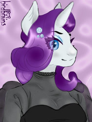 Size: 774x1032 | Tagged: safe, artist:birdbrains98, rarity, unicorn, anthro, g4, bust, diamond, eye clipping through hair, looking at you, portrait, smiling, smiling at you, solo