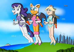 Size: 1063x752 | Tagged: safe, artist:zoronel98ufficiale, edit, rarity, bat, human, unicorn, anthro, g4, boat, breasts, city, clothes, cloud, female, floating, flying, happy, jetpack, leotard, looking at each other, looking at someone, open mouth, plane, princess rosalina, rosalina, rouge the bat, sky, sky background, smiling, sonic the hedgehog (series), super mario bros., trio, trio female