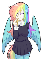 Size: 797x1070 | Tagged: safe, artist:/d/non, oc, oc only, oc:prism, satyr, clothes, looking away, multicolored hair, offspring, parent:rainbow dash, rainbow hair, school uniform, simple background, smiling, solo, transparent background, wings