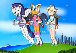 Size: 1063x752 | Tagged: safe, artist:zoronel98ufficiale, rarity, alicorn, bat, human, anthro, g4, alicornified, boat, breasts, city, clothes, cloud, female, floating, flying, happy, jetpack, lake, leotard, looking at each other, looking at someone, open mouth, plane, princess rosalina, race swap, raricorn, rosalina, rouge the bat, sky, sky background, smiling, smiling at each other, sonic the hedgehog (series), super mario bros., trio, trio female, water