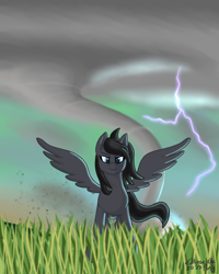 Size: 1600x2000 | Tagged: safe, artist:eklipsethepony, oc, oc only, oc:eklipse, pegasus, pony, debris, determined look, grass, grass field, lightning, male, pegasus oc, smiling, smirk, solo, spread wings, storm, tornado, wind, windswept mane, wings