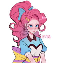 Size: 3508x3757 | Tagged: safe, artist:ikstina, pinkie pie, human, equestria girls, g4, blue eyes, blushing, clothes, colored sketch, cute, dress, ear piercing, earring, high res, jewelry, partial color, piercing, server pinkie pie, simple background, solo, waitress, white background, wip
