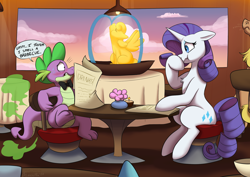 Size: 2500x1771 | Tagged: safe, artist:thedoggygal, rarity, spike, dragon, pony, unicorn, g4, awkward moment, bad timing, commission, date, embarrassed, fart, fountain, gas, leaning, menu, raised leg, raised tail, reference, restaurant, smelly, spyro the dragon, spyro the dragon (series), tail, video game