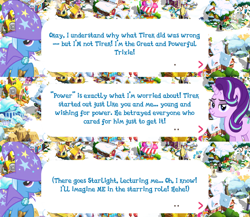 Size: 2048x1775 | Tagged: safe, gameloft, starlight glimmer, trixie, pony, unicorn, g4, my little pony: magic princess, brooch, cape, clothes, dialogue, dialogue box, english, event, female, hat, horn, implied lord tirek, jewelry, mare, mobile game, speech bubble, trixie's cape, trixie's hat