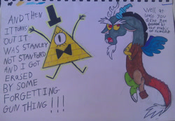 Size: 1024x710 | Tagged: safe, artist:rainbowratart, discord, draconequus, g4, the return of harmony, bill cipher, bowtie, crayon drawing, crossed arms, crossover, dialogue, drawing, duo, duo male, exclamation point, gravity falls, hat, male, one eyed, spoilers for another series, top hat, traditional art, triangle