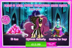 Size: 1958x1302 | Tagged: safe, gameloft, fluttershy, pegasus, pony, g4, my little pony: magic princess, advertisement, bottle, corrupted, costs real money, english, female, gem, introduction card, jewelry, mare, mobile game, nightmare fluttershy, nightmarified, numbers, regalia, sale, solo, spread wings, text, wings