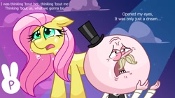 Size: 1316x735 | Tagged: safe, artist:plasticrarity, fluttershy, pegasus, pony, g4, crossover, crossover shipping, crying, female, flutterpops, hat, just a dream, male, mare, meta, pops maellard, regular show, shipping, song reference, straight, text, top hat, twitter