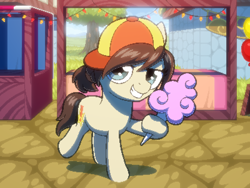 Size: 800x600 | Tagged: safe, artist:rangelost, oc, oc only, oc:tattle tail, earth pony, pony, cyoa:d20 pony, cap, cotton candy, cyoa, earth pony oc, hat, looking at you, market, offscreen character, pixel art, raised hoof, solo, stall, story included