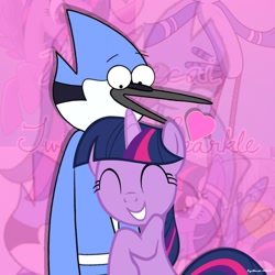 Size: 1438x1438 | Tagged: safe, artist:faze-alan-mskull2019, artist:fazealan_mskull, twilight sparkle, bird, blue jay, pony, unicorn, g4, ^^, crossover, crossover shipping, cute, eyes closed, female, hug, male, mare, mordecai, mordetwi, regular show, shipping, smiling, straight, twiabetes