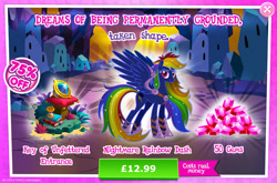Size: 1962x1298 | Tagged: safe, gameloft, rainbow dash, pegasus, pony, g4, my little pony: magic princess, advertisement, book, bush, corrupted, costs real money, english, female, gem, hourglass, introduction card, jewelry, key of unfettered entrance, mare, mobile game, nightmare rainbow dash, nightmarified, numbers, regalia, sale, solo, spread wings, text, wings