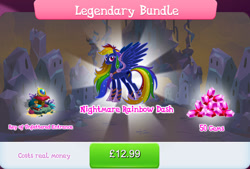 Size: 1268x857 | Tagged: safe, gameloft, rainbow dash, pegasus, pony, g4, my little pony: magic princess, advertisement, book, bush, corrupted, costs real money, english, female, gem, hourglass, jewelry, key of unfettered entrance, mare, mobile game, nightmare rainbow dash, nightmarified, numbers, regalia, sale, solo, spread wings, text, wings