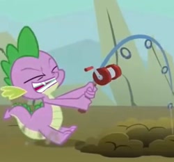 Size: 1788x1663 | Tagged: safe, edit, edited screencap, screencap, spike, dragon, a dog and pony show, g4, cropped, dragging, fishing rod, gritted teeth, smiling, solo, teeth