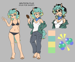Size: 2124x1746 | Tagged: safe, artist:whatsapokemon, oc, oc only, oc:neutron flux, earth pony, anthro, unguligrade anthro, bandana, belly button, breasts, cigarette, clothes, female, jacket, neckerchief, pants, peace sign, reference sheet, small breasts, smoking, solo, tank top, underwear