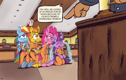 Size: 1810x1156 | Tagged: safe, artist:bimbeaver27, pinkie pie, rainbow dash, spitfire, twilight sparkle, anthro, 50, bound wings, chains, clothes, commission, commissioner:rainbowdash69, courtroom, covering mouth, crying, crylight sparkle, cuffed, cuffs, exclamation point, interrobang, jumpsuit, kneeling, laughing, never doubt rainbowdash69's involvement, ocular gushers, paws, prison outfit, prisoner pp, prisoner rd, prisoner ts, question mark, sad, wings