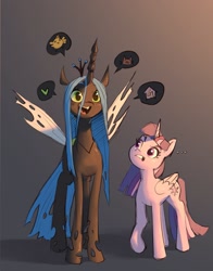 Size: 1001x1280 | Tagged: safe, artist:haku nichiya, queen chrysalis, twilight sparkle, alicorn, changeling, changeling queen, pony, ..., cute, cutealis, duo, duo female, female, gradient background, height difference, mare, shadow, slim, speech bubble, thin, twilight sparkle (alicorn)