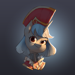 Size: 2000x2000 | Tagged: safe, artist:haku nichiya, oc, oc:caramel marks, pony, unicorn, equestria at war mod, bust, clothes, female, hat, high res, horn, looking at you, mare, smiling, solo, unicorn oc