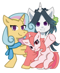 Size: 3334x4084 | Tagged: safe, artist:twilightsakura, oc, oc only, oc:lukincycling, oc:sucrelune, oc:twilightsakura, pony, unicorn, 2023 community collab, derpibooru community collaboration, clothes, horn, scarf, simple background, transparent background, trio, unicorn oc