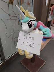 Size: 4896x6528 | Tagged: safe, artist:adamar44, princess celestia, alicorn, pony, czequestria, g4, 2022, crown, czech, hoof shoes, irl, jewelry, life size, photo, plushie, pony plushie, regalia, sign, translated in the description