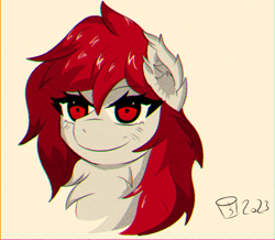 Size: 1048x915 | Tagged: safe, artist:scarletdoodle, oc, oc only, oc:scarlet breeze, pony, anime, anime style, chest fluff, ear fluff, male, red eyes, red mane, shading, solo