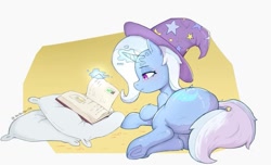 Size: 967x588 | Tagged: safe, artist:dundundun, trixie, pony, unicorn, butt, clothes, female, glowing, glowing horn, hat, horn, large butt, lying down, magic, magic aura, mare, on side, pillow, plot, reading, simple background, solo, telekinesis, the great and powerful ass, thighs, thunder thighs, trixie's hat, underhoof, yellow background