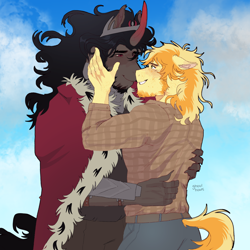 Size: 2000x2000 | Tagged: safe, artist:ghoulhowls, braeburn, king sombra, earth pony, unicorn, anthro, g4, beard, cape, clothes, cloud, ears back, embrace, facial hair, gay, high res, holding each other, looking at each other, looking at someone, male, shipping, simple background, smiling, sombraeburn