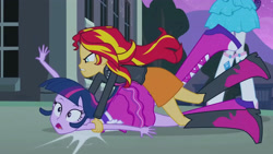 Size: 3072x1727 | Tagged: safe, screencap, rarity, sunset shimmer, twilight sparkle, human, equestria girls, g4, my little pony equestria girls, bare shoulders, boots, canterlot high, clothes, dress, duo focus, fall formal outfits, female, jacket, leather, leather jacket, legs, night, offscreen character, open mouth, out of context, pictures of legs, shoes, sleeveless, sleeveless dress, strapless, touching arm, twilight ball dress