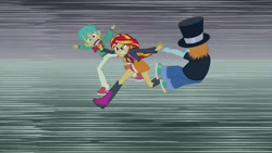 Size: 3072x1727 | Tagged: safe, screencap, snails, snips, sunset shimmer, human, equestria girls, g4, my little pony equestria girls, boots, clothes, cutie mark on clothes, female, hat, jacket, leather, leather jacket, male, open mouth, shoes, top hat, trio