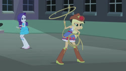 Size: 3072x1727 | Tagged: safe, screencap, applejack, rarity, human, equestria girls, g4, my little pony equestria girls, bare shoulders, boots, canterlot high, clothes, cowboy boots, cowboy hat, dress, duo, duo female, fall formal outfits, female, frown, hat, lasso, rope, shoes, sleeveless, sleeveless dress, strapless