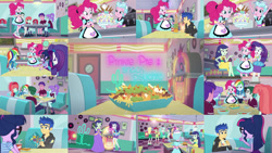 Size: 1280x721 | Tagged: safe, edit, edited screencap, editor:quoterific, screencap, bon bon, derpy hooves, flash sentry, lyra heartstrings, pinkie pie, rainbow dash, rarity, roseluck, sci-twi, sweetie drops, twilight sparkle, human, equestria girls, g4, my little pony equestria girls: better together, pinkie pie: snack psychic, collage, female, jukebox, male, roller skates, skates